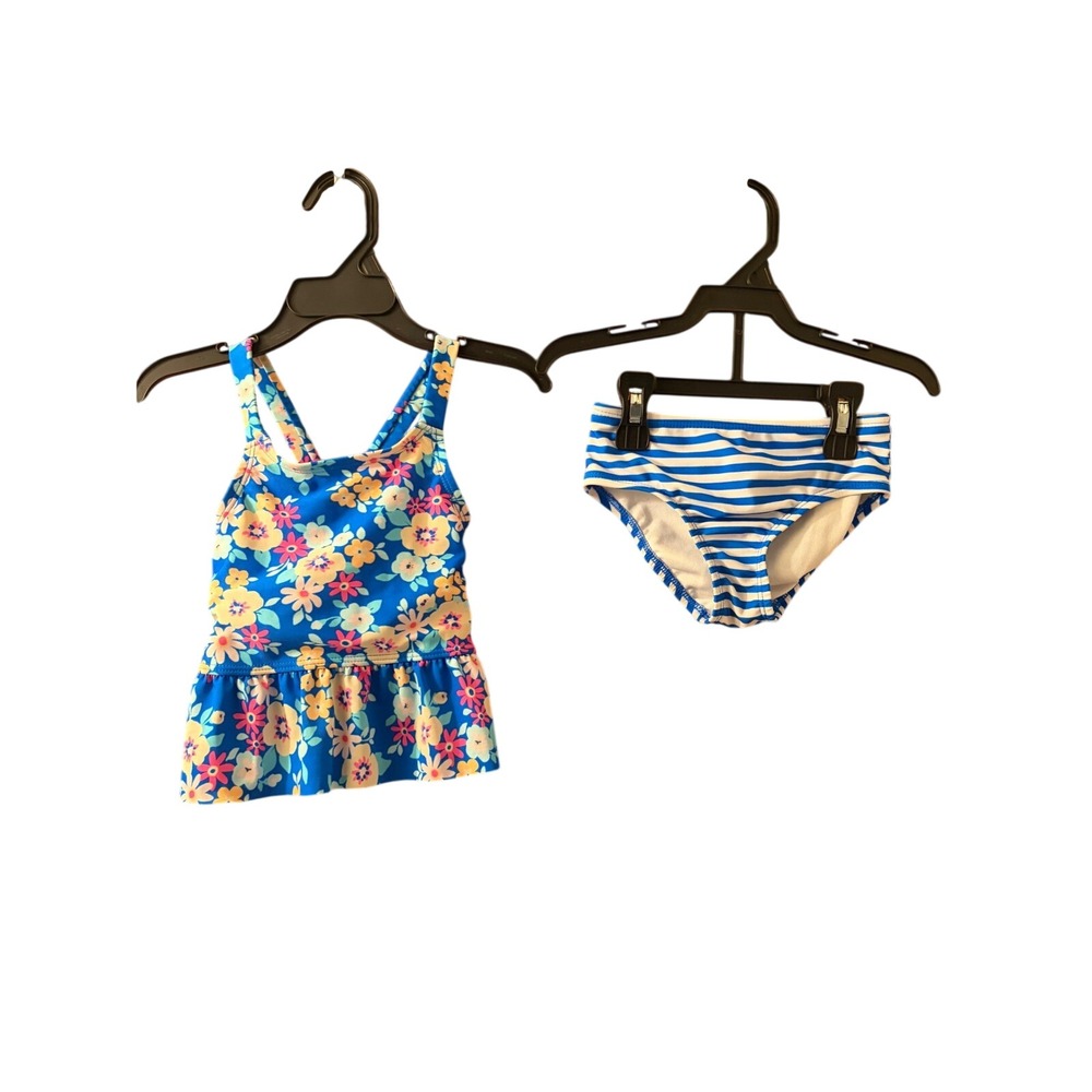 Cat & Jack Toddler Girls 2T Tankini Swimsuit Set Floral Peplum Striped Blue
